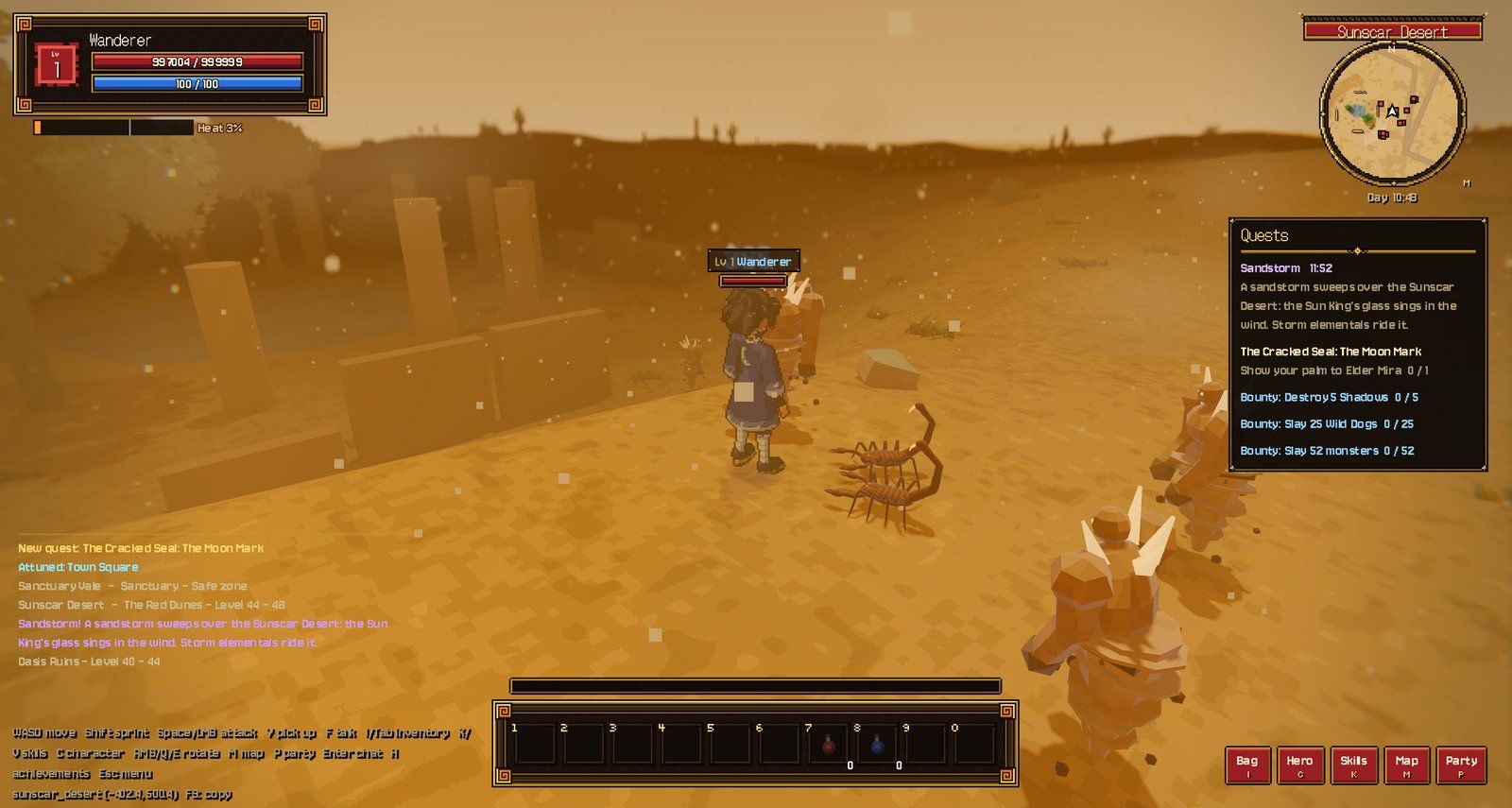 A sandstorm in the Red Dunes: the ochre overlay, grit in the air, a Storm Elemental and scorpions. The quest tracker counts the storm down