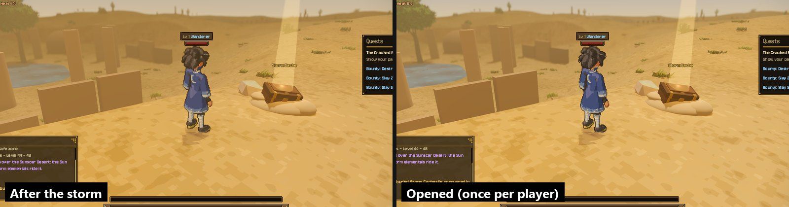 A Storm Cache after the storm: a half-buried chest with a light beam (left) and opened (right). Each player opens it once