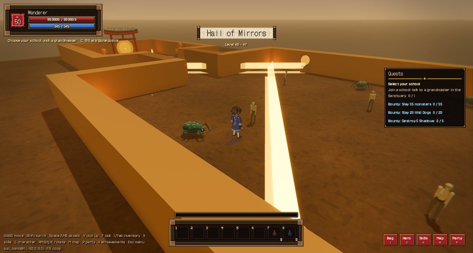 The Hall of Rays on day five: a sweeping beam crosses the hall, with a scarab and mummies. The walls were 3.2 m then; they are 6 m now, with a cutaway near the camera