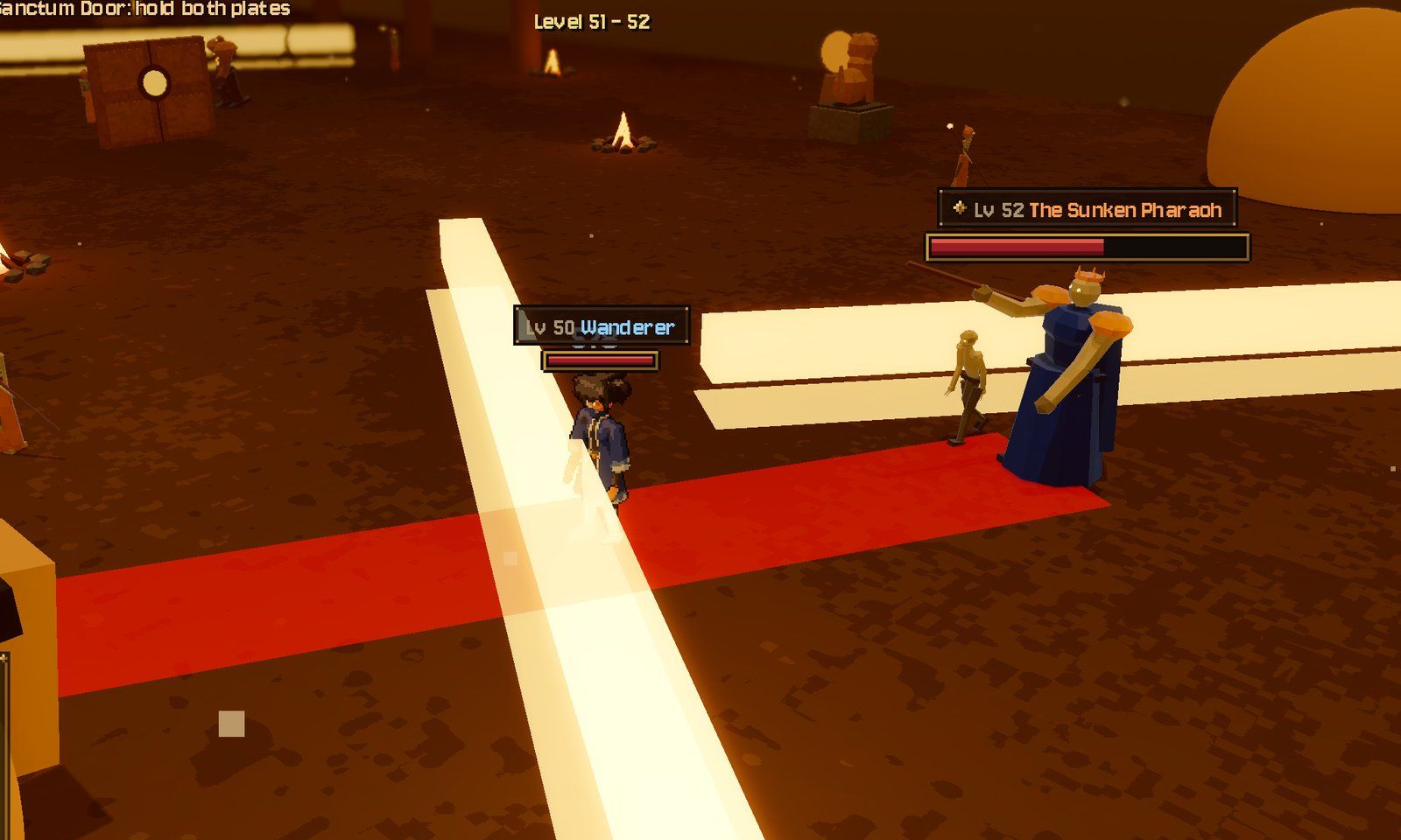 What the bots read: the Sunken Pharaoh's sun lance (the red strip) about to fire along the floor, and a lit light beam across it. The bots get the same warning a player sees, and step out after 0.3 seconds