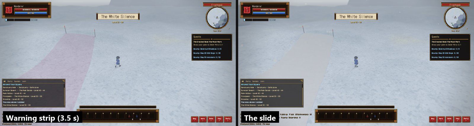 An avalanche chute on Frostpeak: the warning strip lies on the slope for 3.5 seconds (left), then the snow slides down it (right)