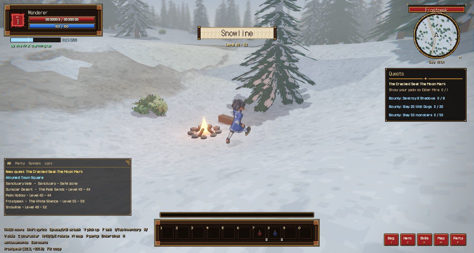 Cold on Frostpeak: a roadside campfire warms you ("By the fire: warming up"), with an Elite snow wolf pack close by