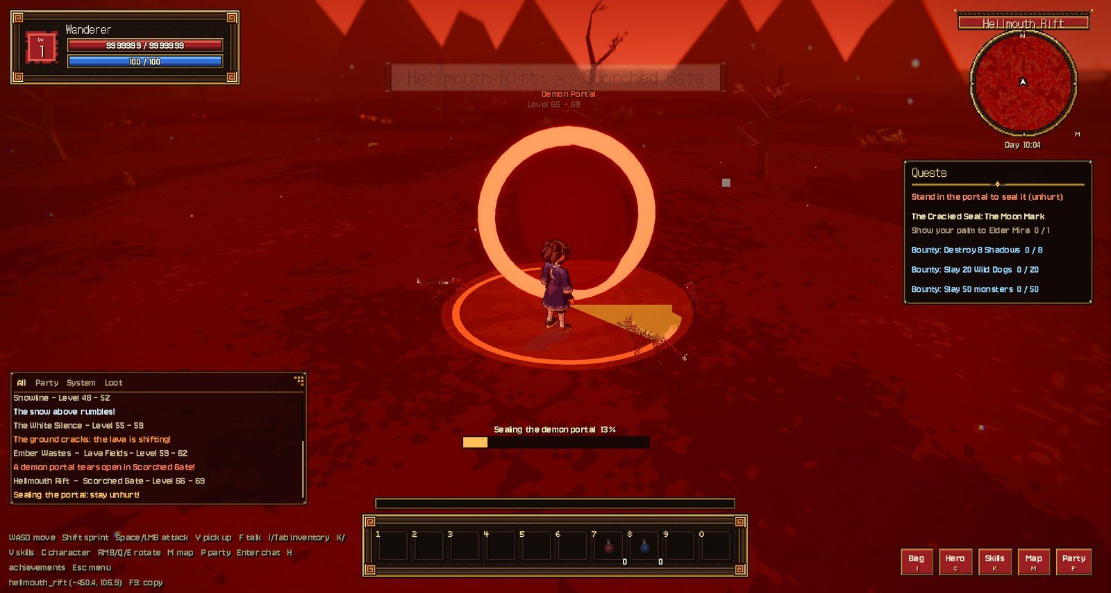 Closing a demon portal on the Hellmouth Rift: the channel bar ("Sealing the demon portal") fills while you stand in it unhurt