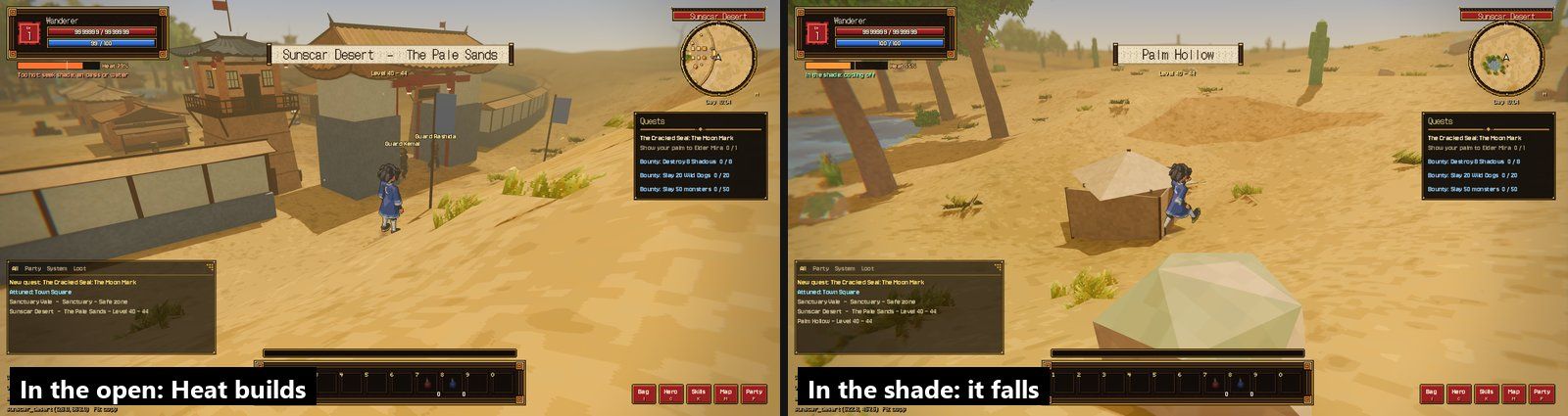 Heat in the Pale Sands: the bar under the health bar fills in the open (left) and falls in the shade of a tent at Palm Hollow, with the hint line "In the shade: cooling off" (right)