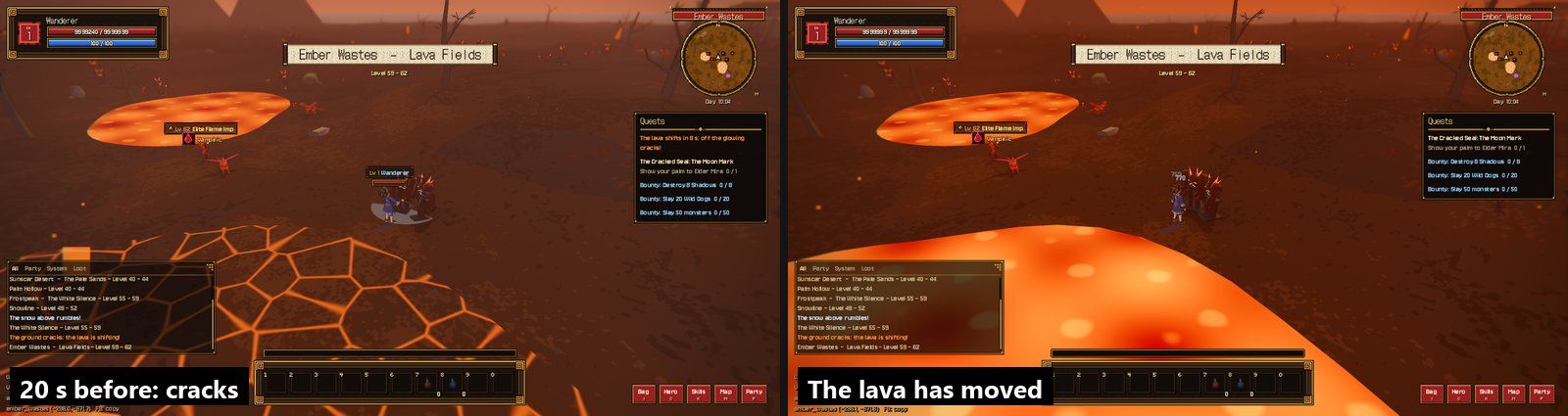 Lava shifting on the Ember Wastes: glowing cracks warn of the new flow 20 seconds ahead (left), then the lava has moved (right)