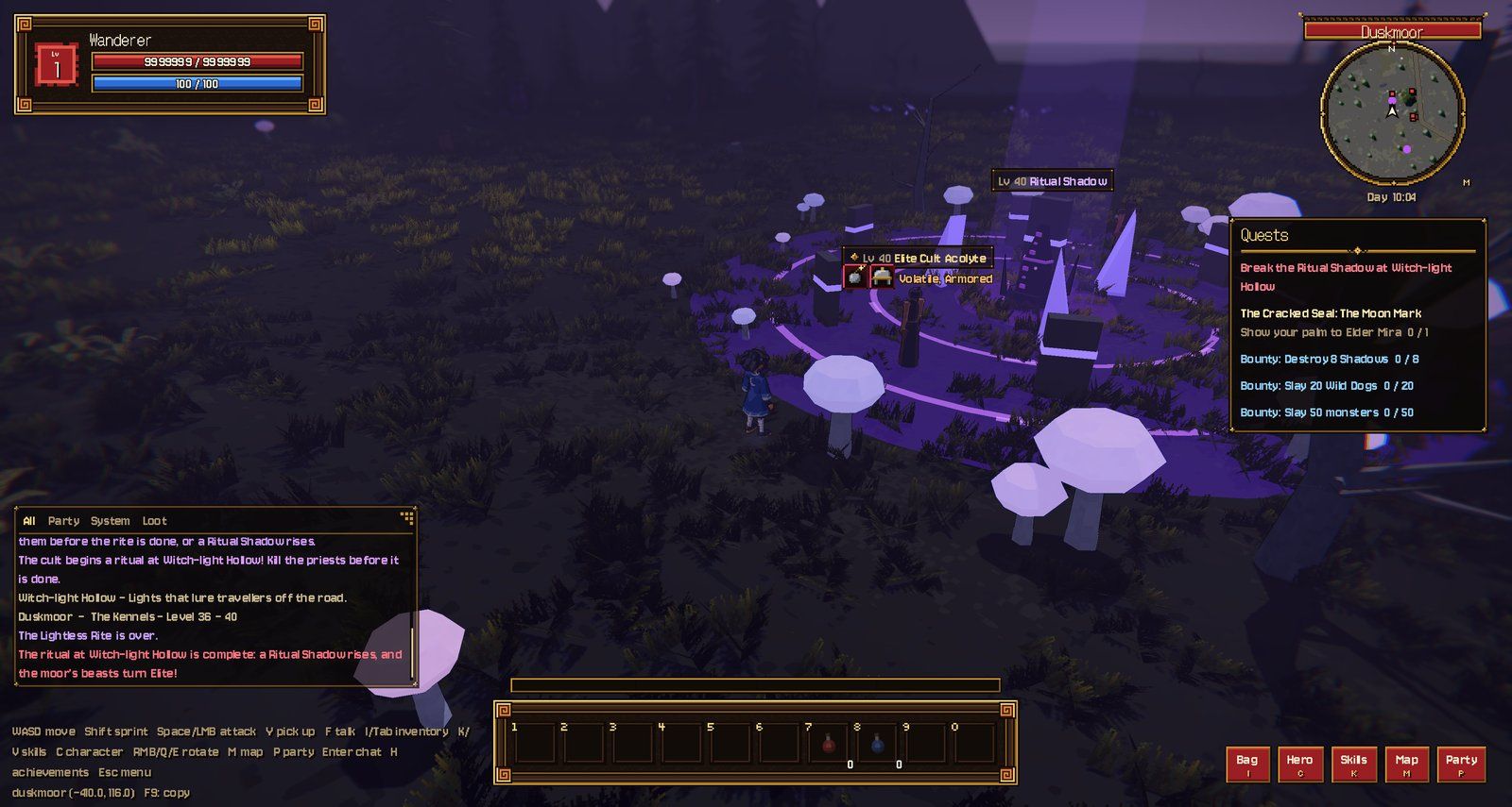 A circle the cult finished: the Ritual Shadow has risen in the purple light, and an acolyte nearby has turned Elite