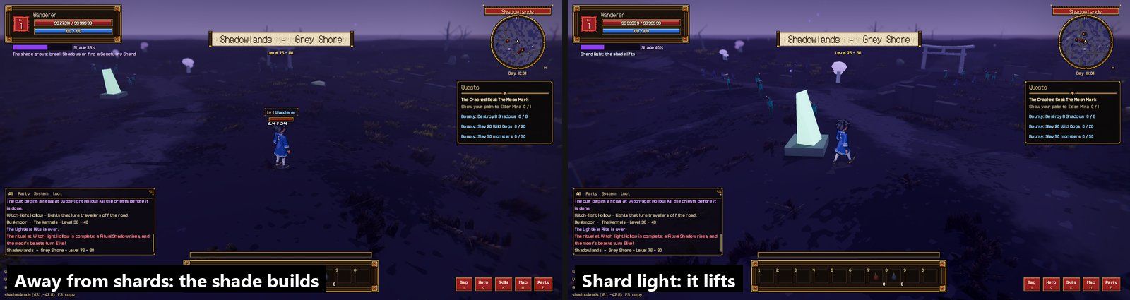 The Shadowlands' shade: the bar fills out in the open ("The shade grows: break Shadows or find a Sanctuary Shard", left) and lifts in a shard's light (right)