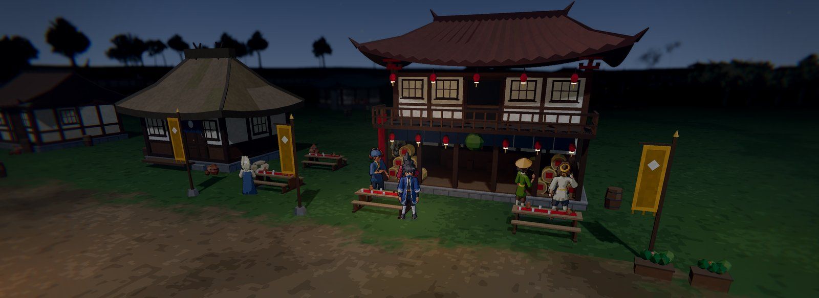 The same tavern at night: lanterns lit, the tribe still at it
