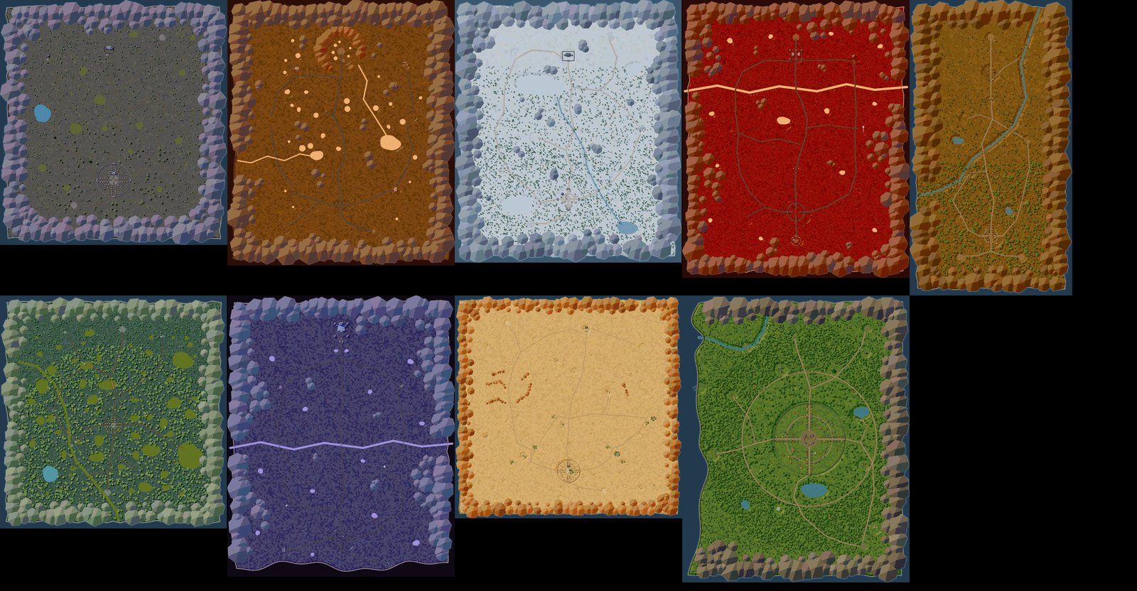 All nine world maps after baking, from the grey Duskmoor and the red Hellmouth Rift to the snow of Frostpeak and the green Vale