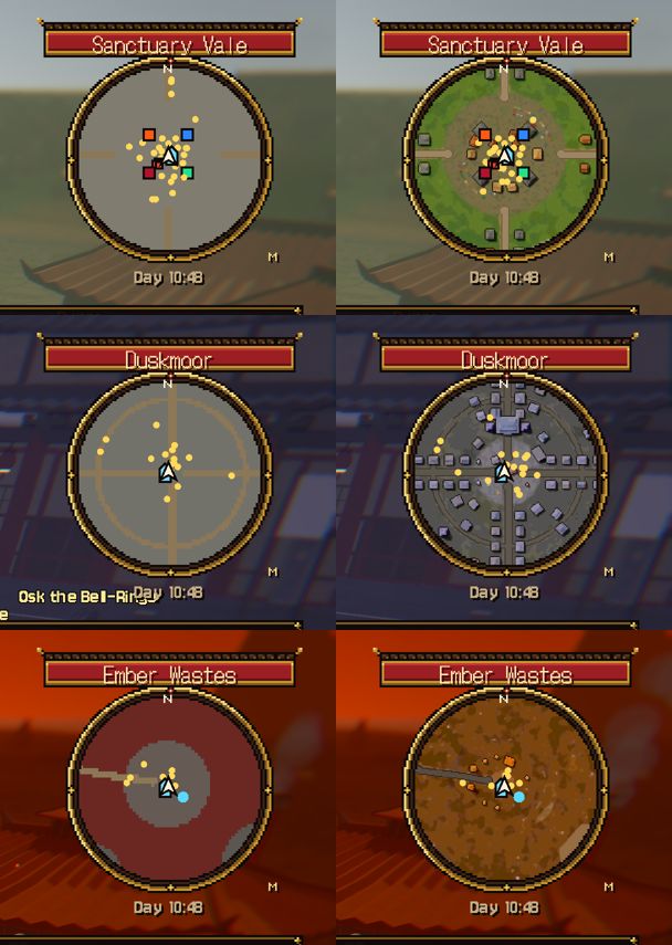The corner minimap on three maps, before (left: drawn from the map data) and after (right: the baked picture). Sanctuary Vale's town, Duskmoor's grey village grid, the Ember Wastes' ash plain