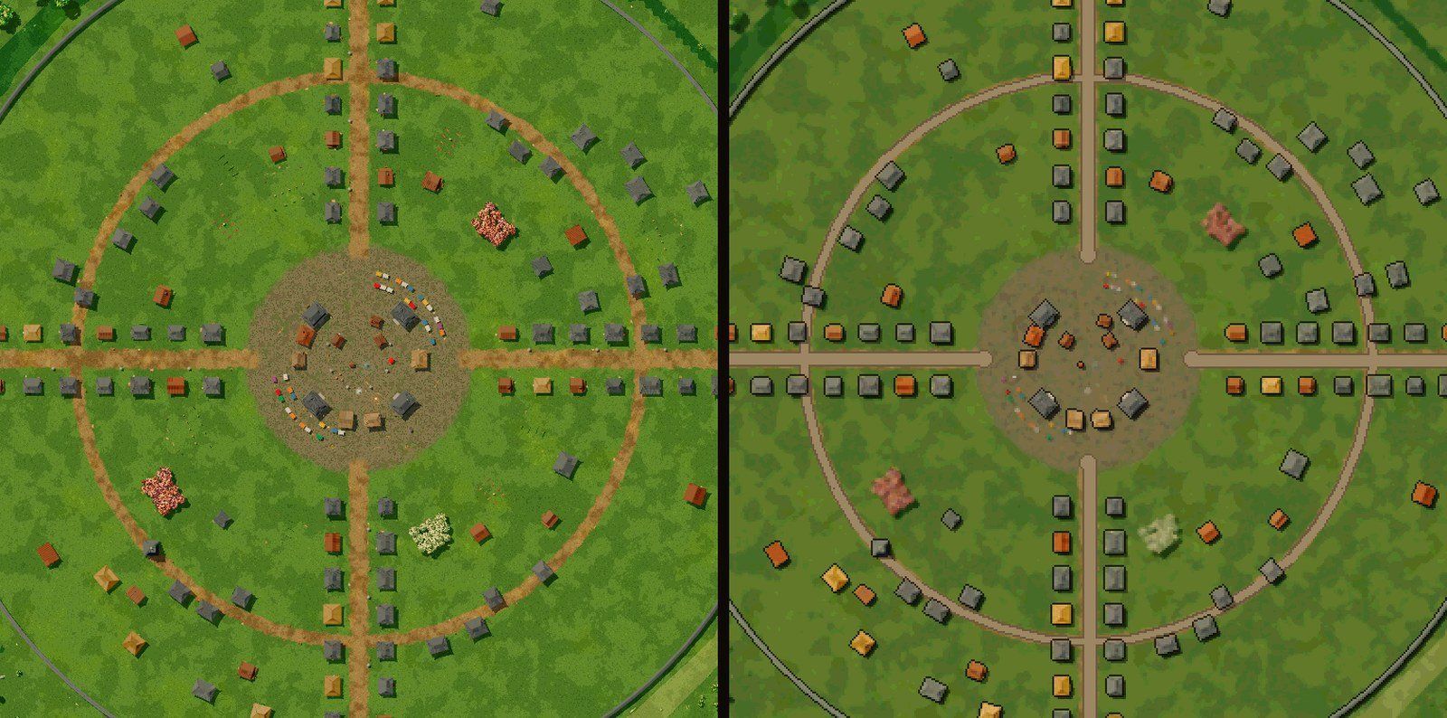 The Vale's town square as rendered from above (left) and after the stylise step (right, 1 pixel per meter shown at 2x): flatter colours, roads redrawn from the map data, and every building outlined in ink with a drop shadow