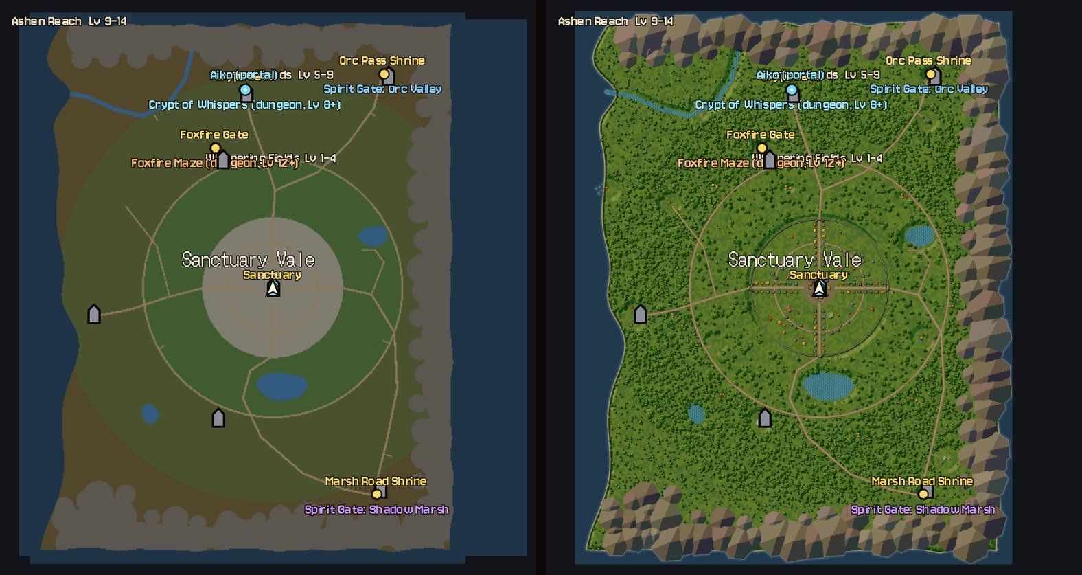 The world map (M) of Sanctuary Vale before and after: the same markers and labels over coloured zone discs, then over the baked picture with the forest, the walled town, the roads, the lakes and the mountain border