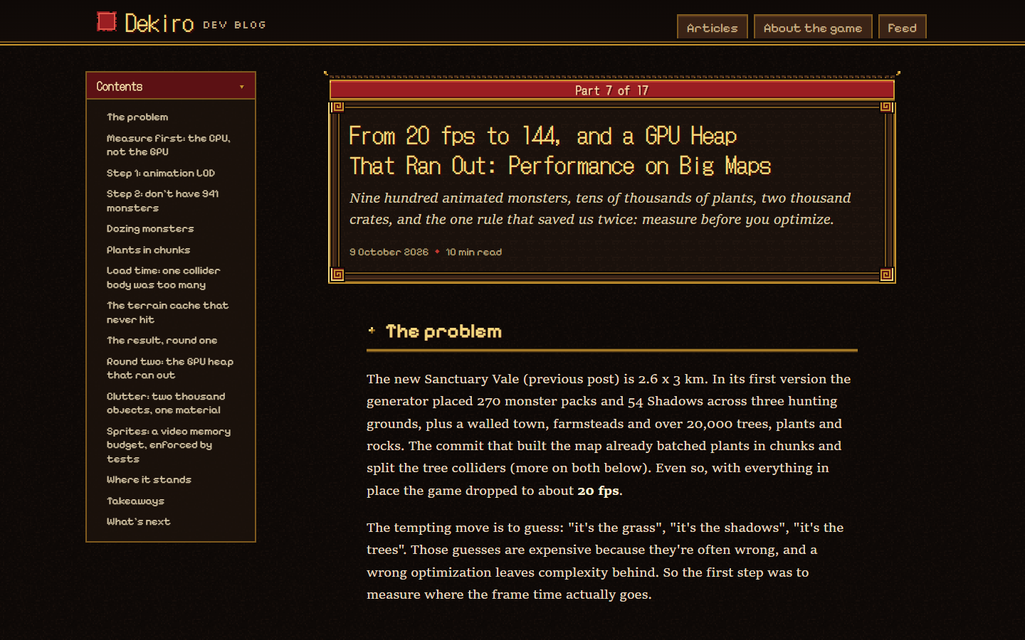 An article page on a desktop: a sticky table of contents in the game's window style, the crimson title bar with the part number, and the body in a readable serif
