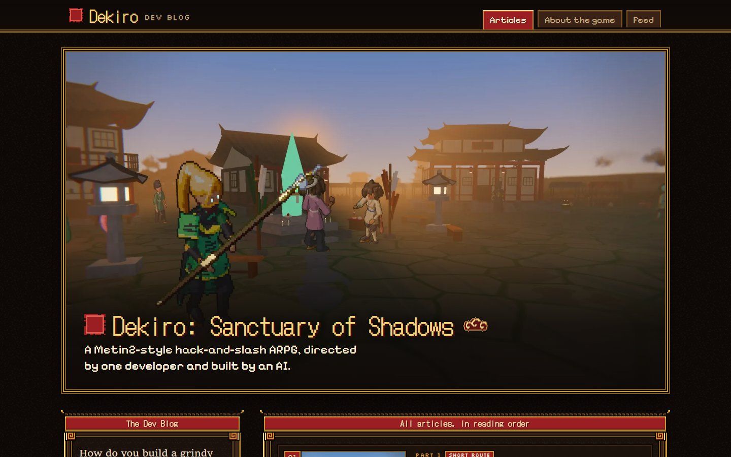 The home page: a golden-hour screenshot of the Vale's town square in a gold frame, the seal and title in the game's pixel font, and the first windows of the article list
