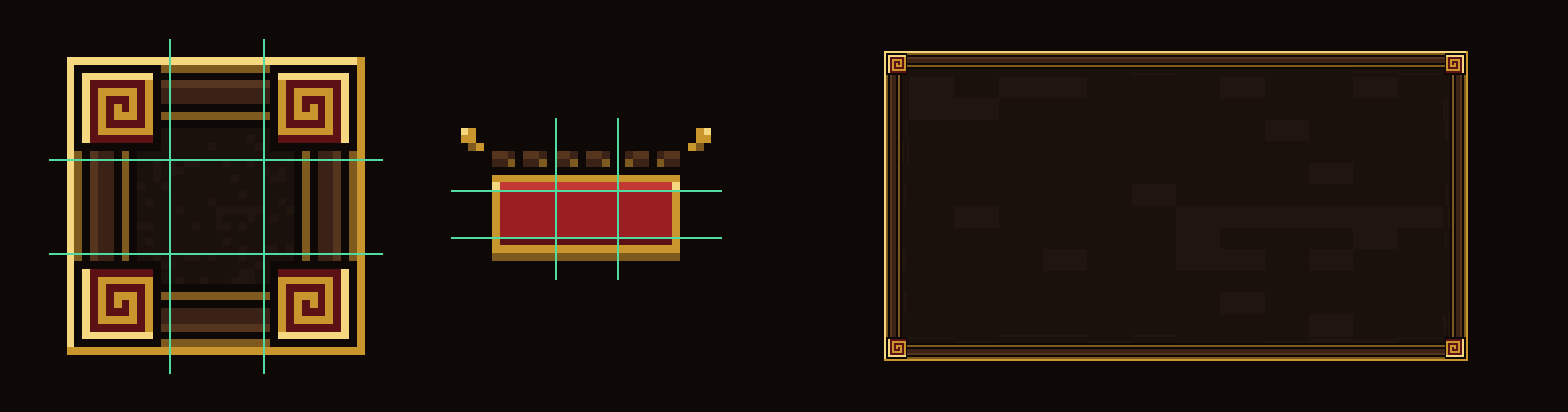 The window panel (40 x 40) and the title bar (32 x 18) from the game, at 8x with their slice lines, and the panel stretched to a window the way border-image draws it at 2x