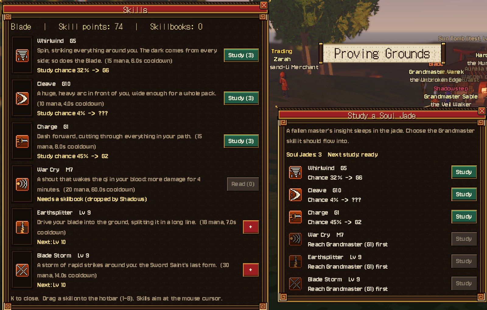 The skill window and the study dialog: Whirlwind at G5 (32% to G6), Cleave at G10 (4% to "???"), Charge at G1, and the skills that aren't Grandmaster yet greyed out