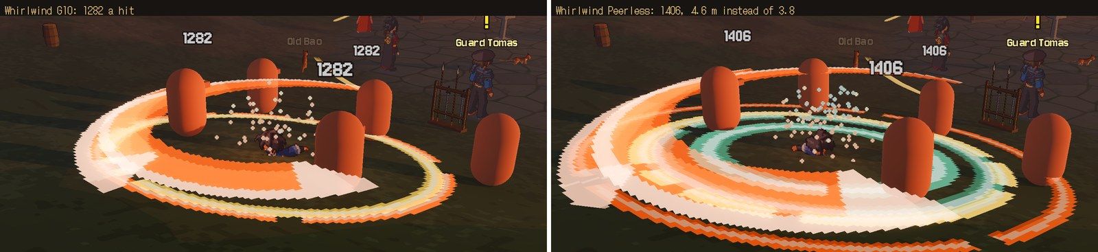 Whirlwind at G10 and at Peerless on the test map's dummies: the wider swing, the jade ring inside the gold, and the bigger numbers