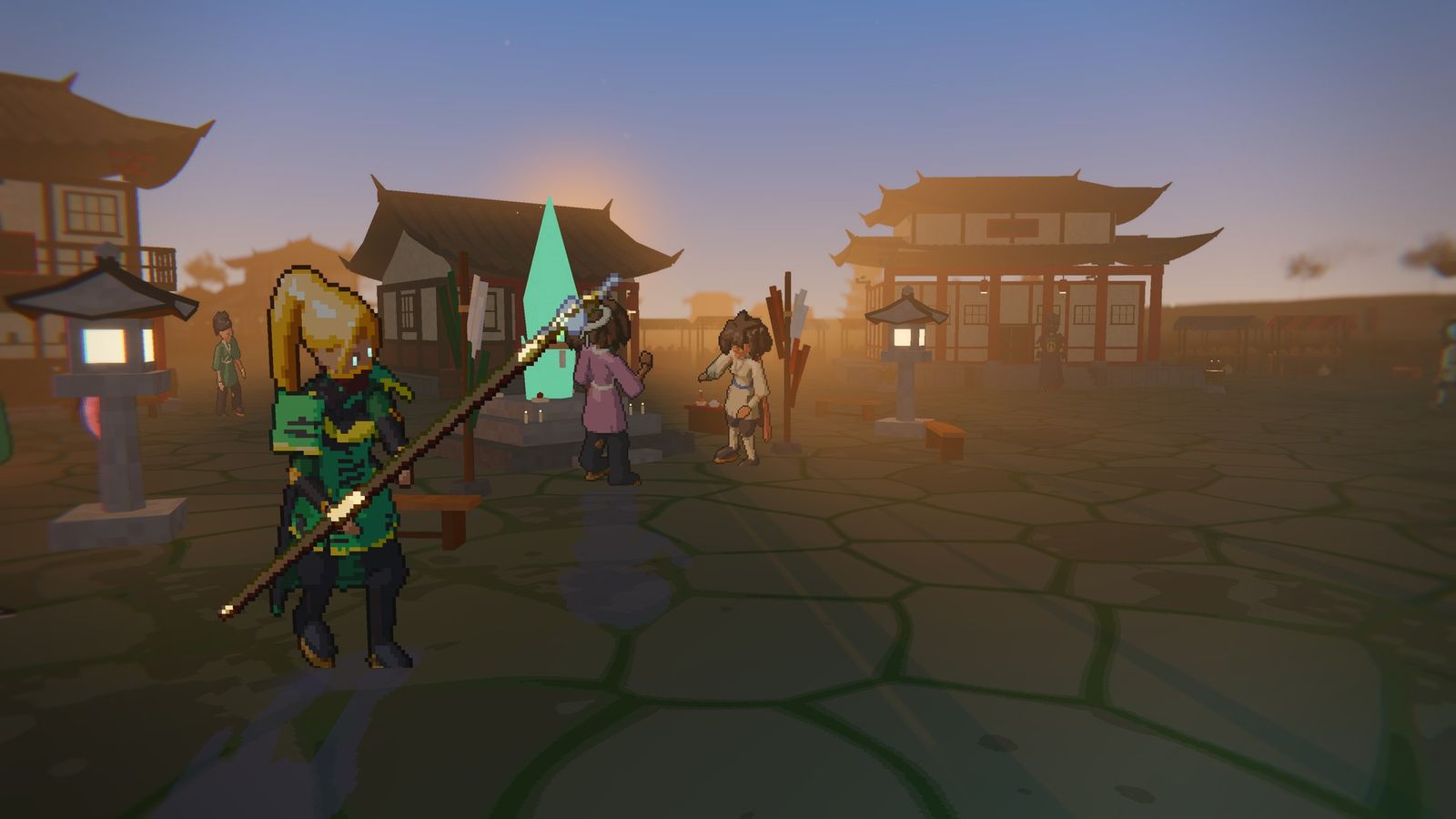 Golden hour in the town square of Sanctuary Vale: a sprite fighter with a polearm, townsfolk and the glowing Sanctuary Shard