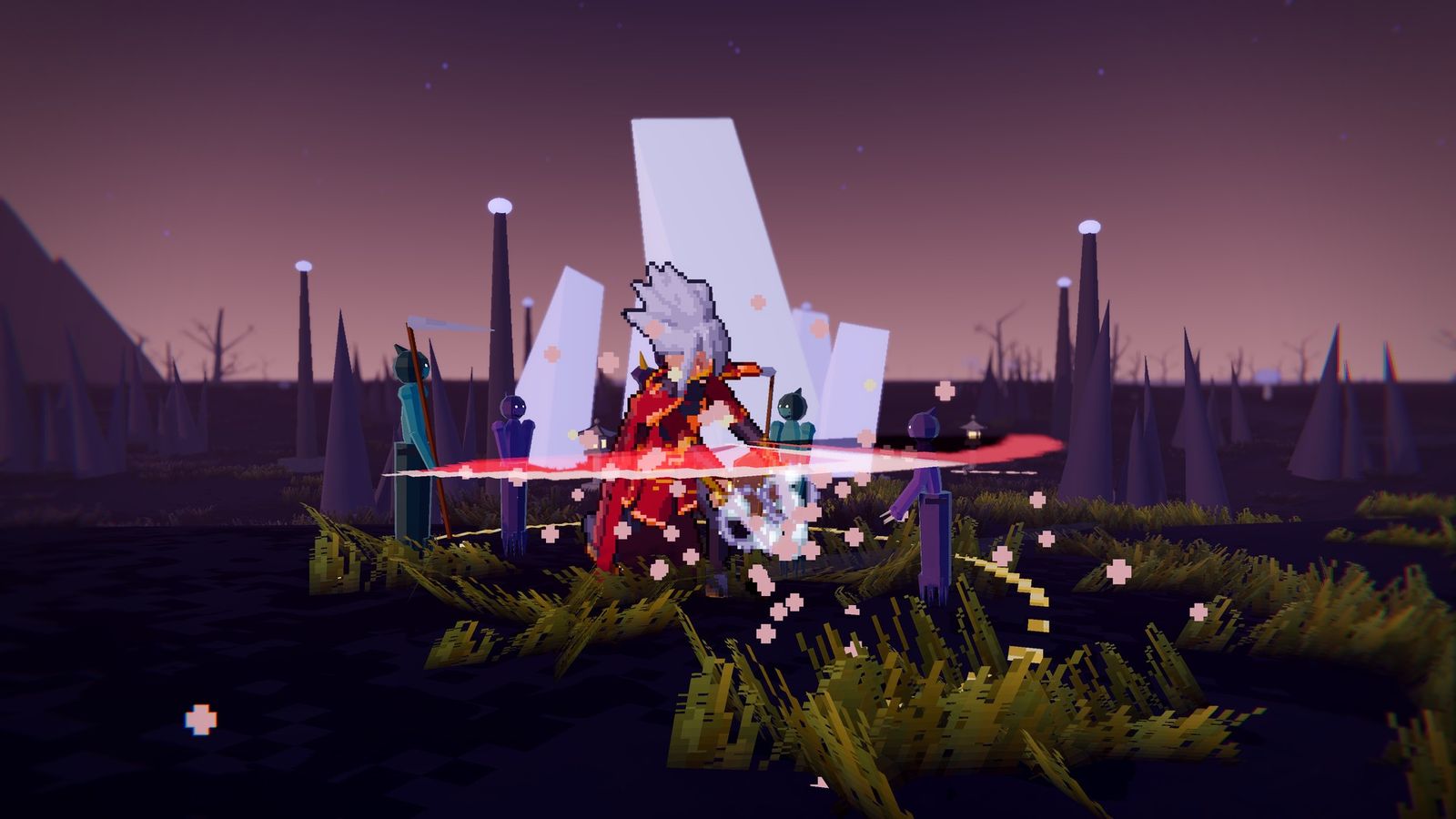 A Shadowstep fighter and a True Fullmoon weapon under a violet dusk