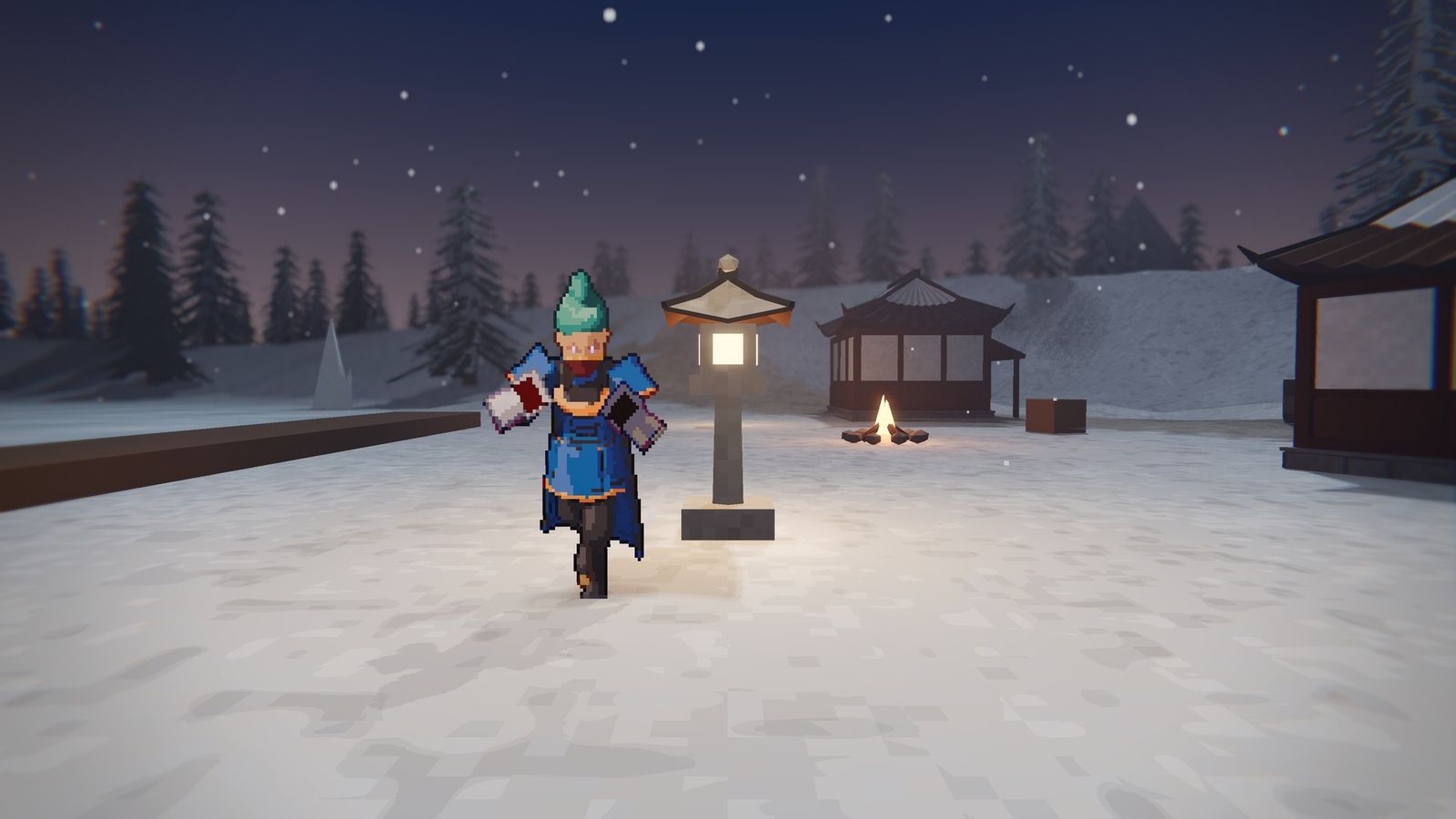 Snowfall over the frozen mere in Frostpeak