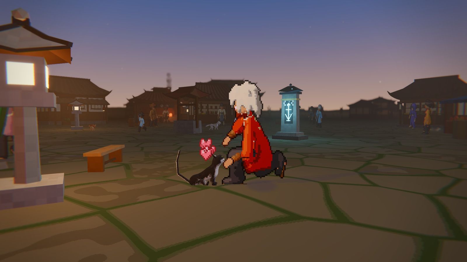 Petting the town cat in the evening
